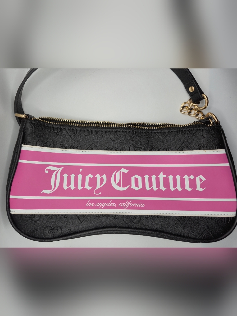 Juicy Couture Fashionista Shoulder Bag Black Pink Stripe Embossed Monogram NWOT